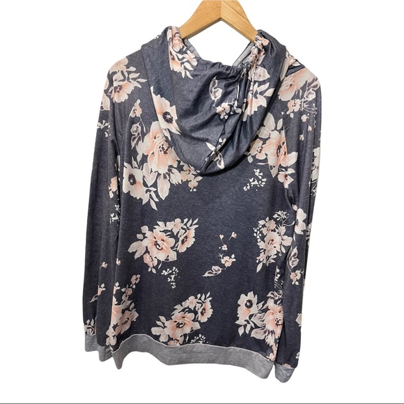 ANGASHION MARLED GRAY AND BLUSH PINK FLORAL LS SOFT STRETCHY HOODIE TOP - Picture 7 of 13